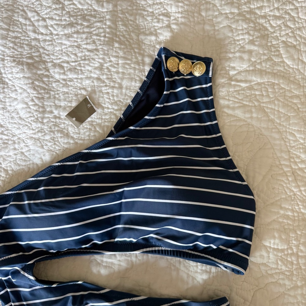 NWT J.Crew Re-Imagined One Shoulder Cutout Stripe Swimsuit Gold Buttons Sz 8 - Picture 3 of 8